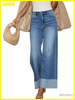 High Waisted Wide Leg Jeans Stretch Frayed Raw Hem Boyfriend Cuffed Jeans